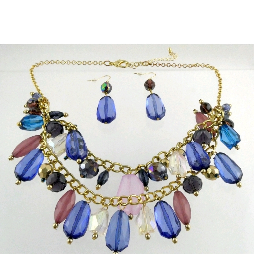 Goldtone  Rhinestone Beaded Collar Necklace and Earrings
